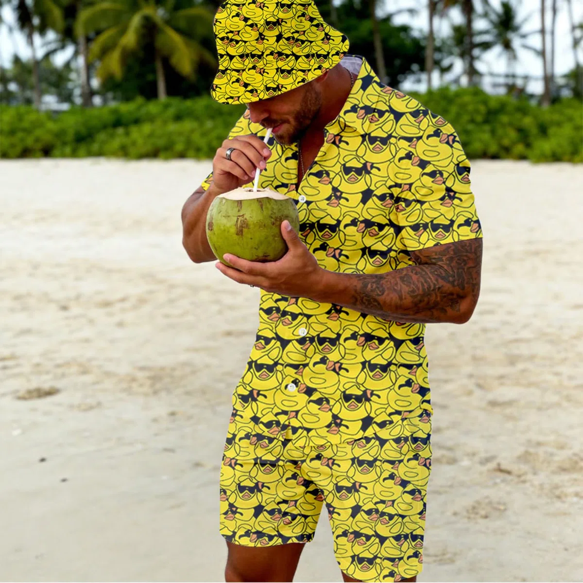 Conjunto de 2 piezas para hombre, camisa hawaiana con botones y pantalones cortos de compresión con sombreros de pescador