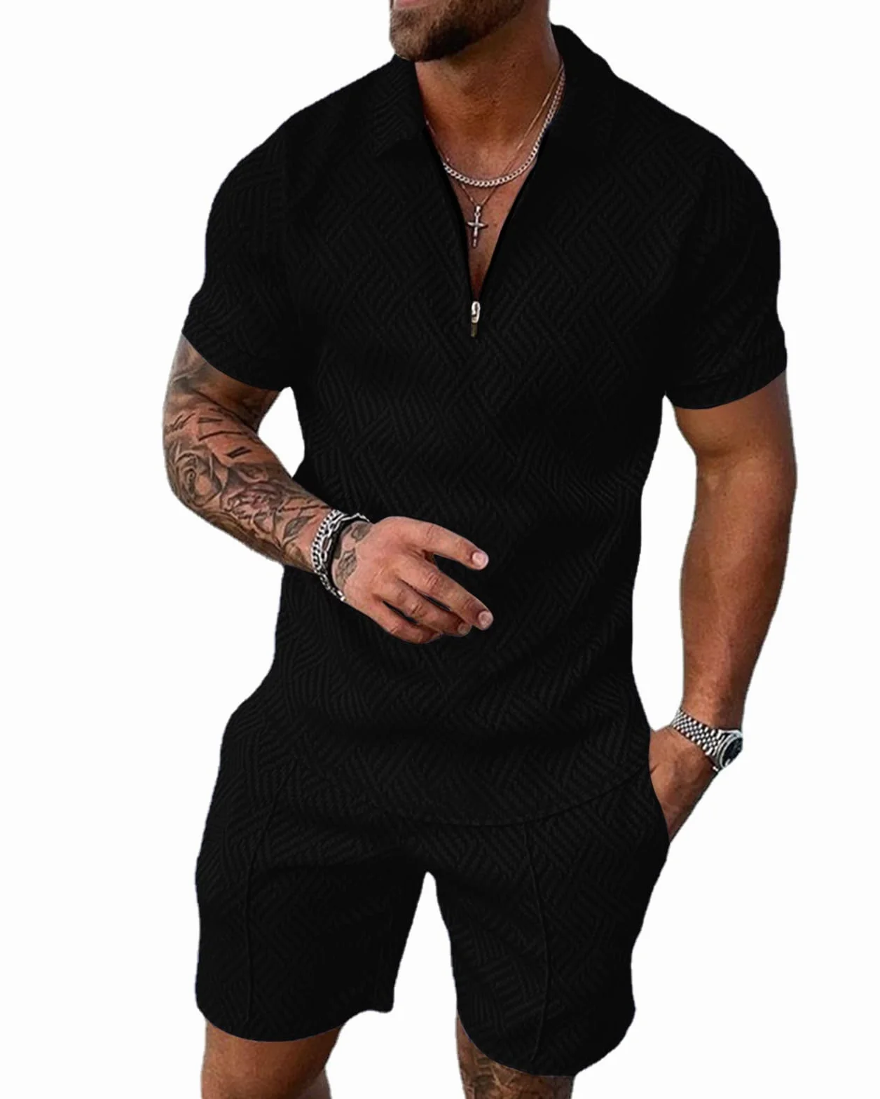 Fastkoala Hombre Chándales Conjuntos Trajes Set Algodón Estampado Cremallera 2 Piezas