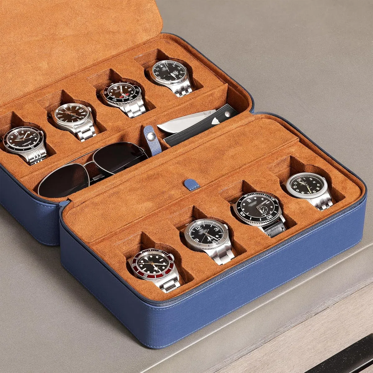 ROTHWELL Estuche organizador de viaje para 8 relojes, 2 pares de gafas de sol, anillos y gemelos, protección portátil resistente con cremallera, se adapta a todos los relojes de pulsera y relojes