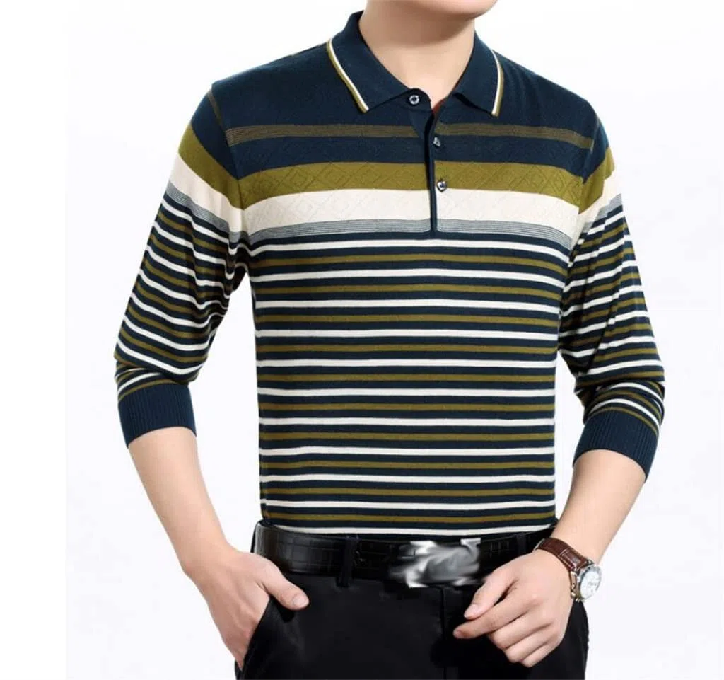 Genérico Polo De Manga Larga A Rayas, Tejido Transpirable Y Suave, Diseño con Cuello, Adecuado para Primavera Y Otoño, con Líneas De Hombros Suaves (A XL)