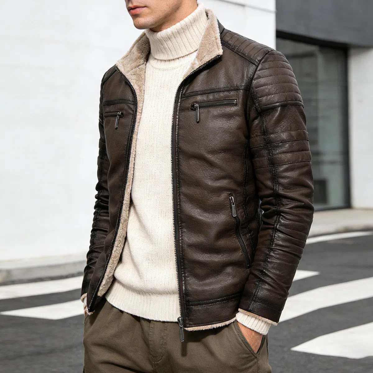 Chaqueta de motociclista de piel sintética para hombre, con forro polar y cuello alto, elegante y cálida para el invierno.