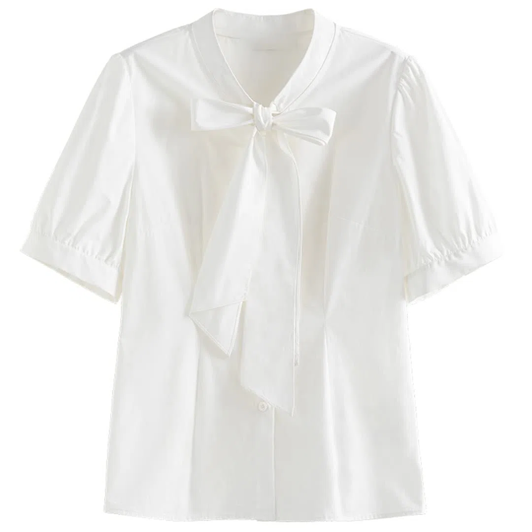 Blusas Blancas de Manga Corta con Cuello de Pajarita para Mujer Camisas Informales de algodón para Mujer de Oficina con Encaje Recto