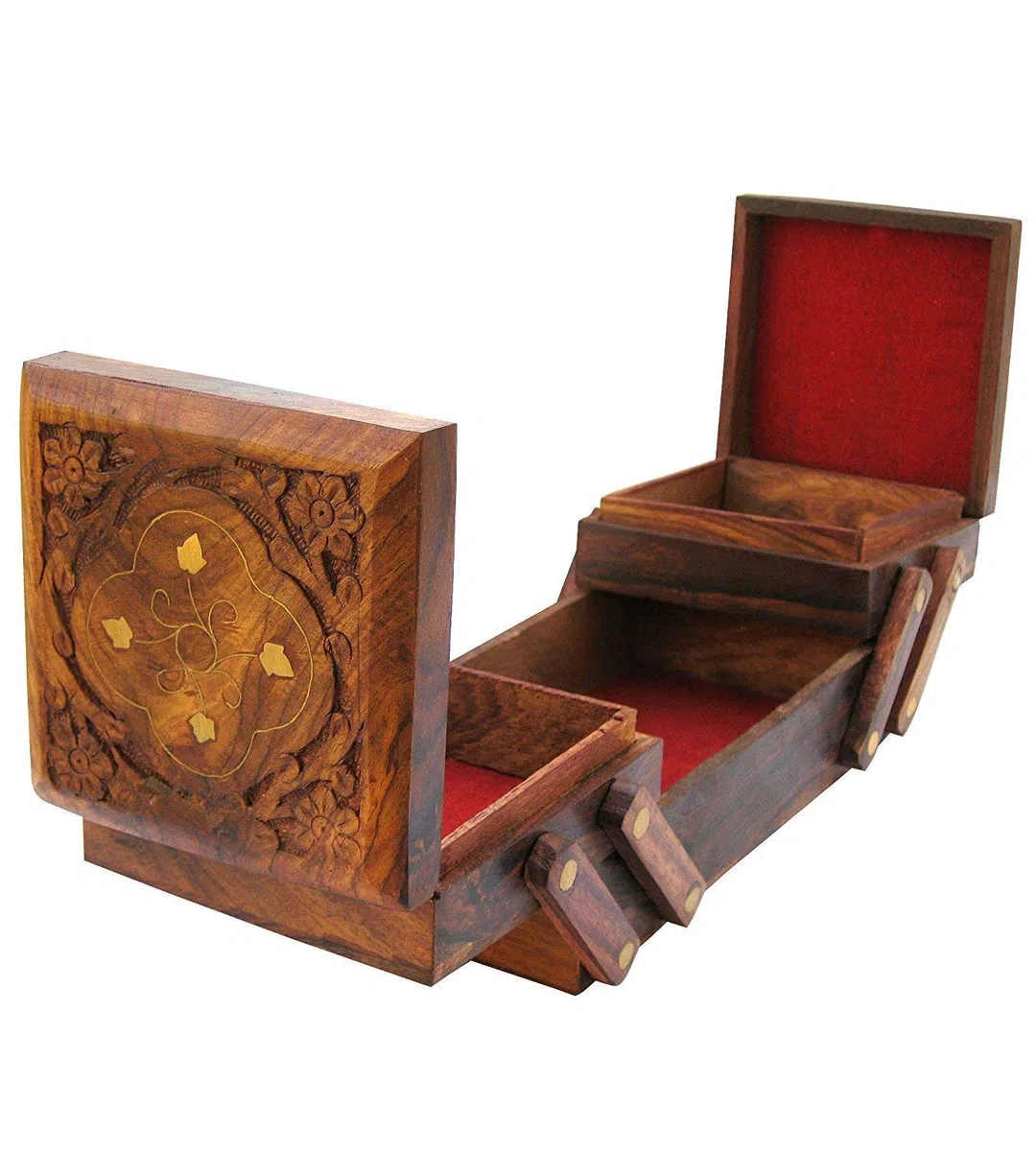 Craftland Joyero de madera (latón y tallado) para mujeres/niñas, con solapa abatible, regalo hecho a mano, 20,3 cm