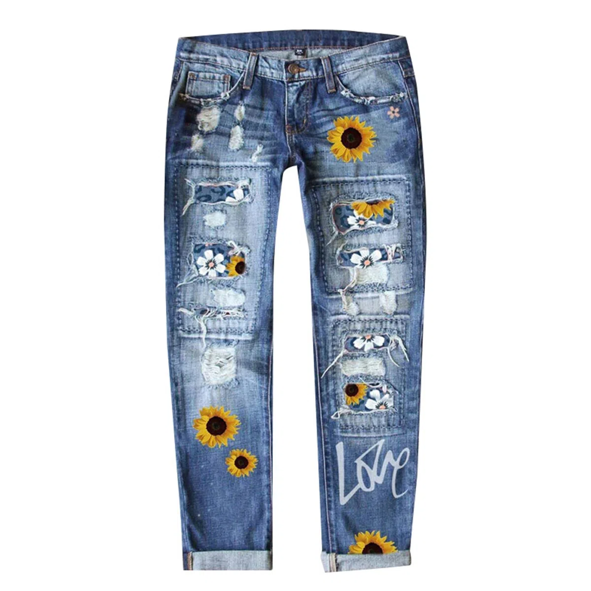 Pantalón Vaquero Recto de Mujer con Diseño Perforado y Estampado Urbano para un Estilo Callejero Moderno y Versátil