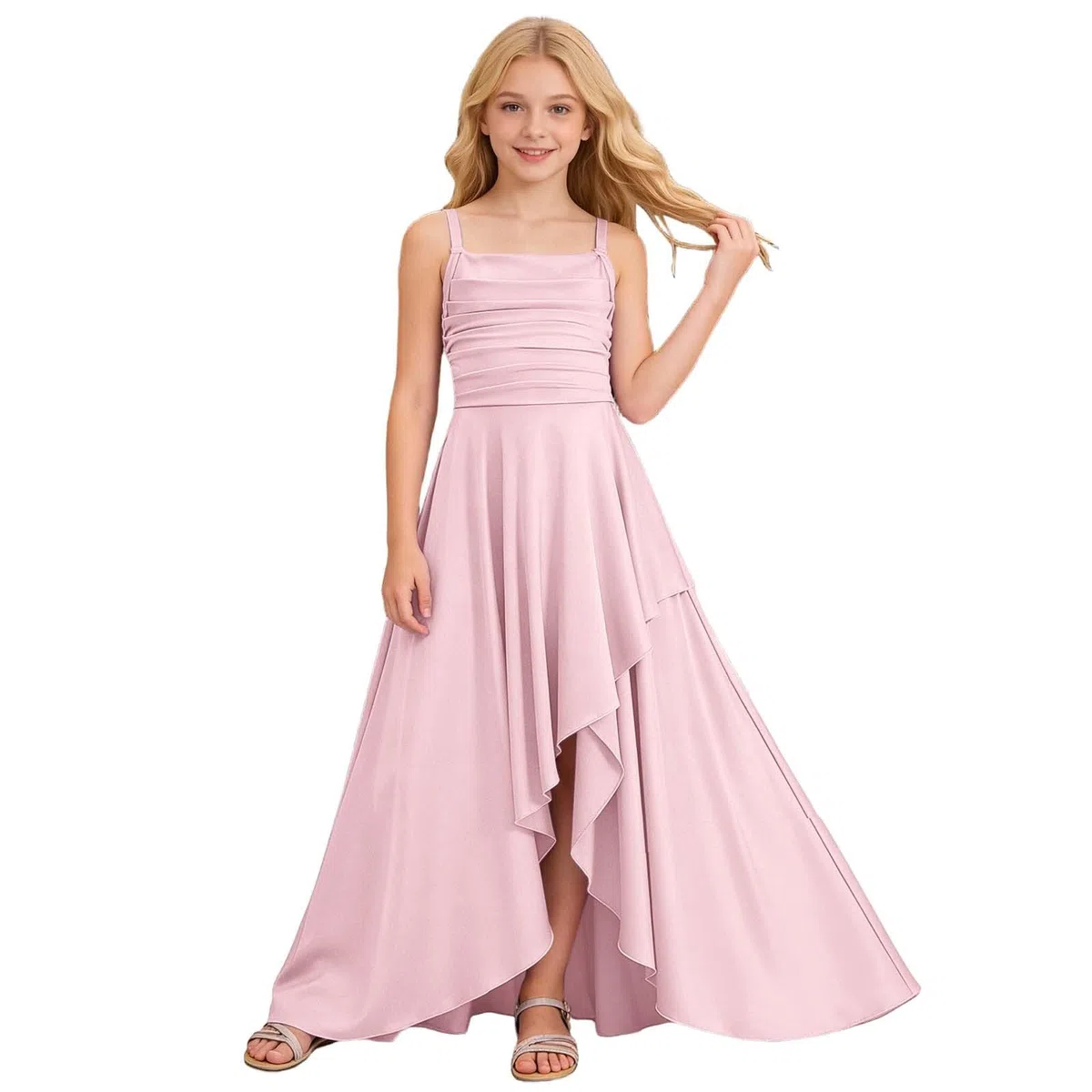 Genérico Vestido de Fiesta para niñas con Dobladillo Escalonado con Volantes y diseño de Cintura Arrugada sin Tirantes para, de Punto piqué, cómodo y Suave, Ideal para cumpleaños, colección Casual