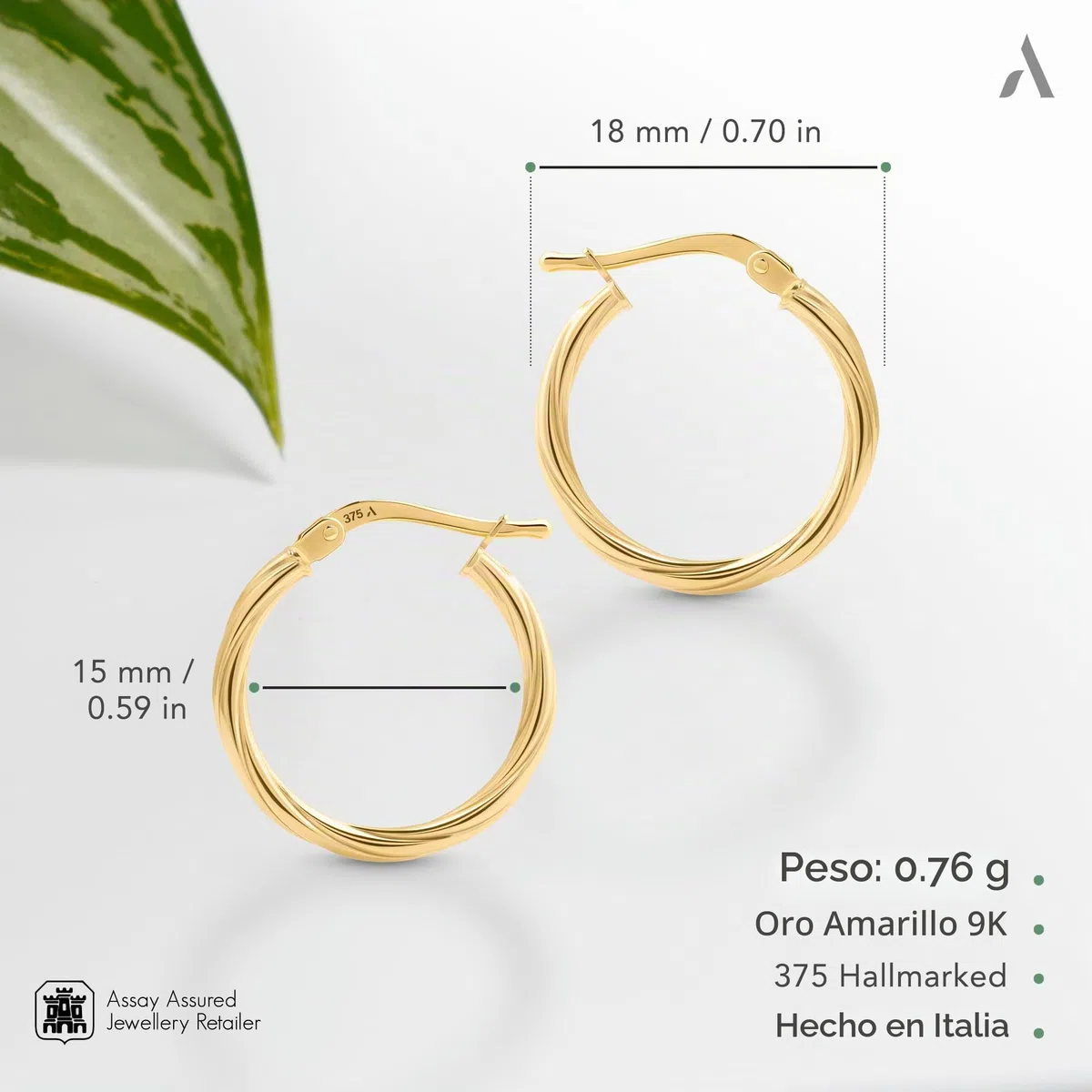 Allure Pendientes de Aro Retorcidos para Mujer en Oro de 9 Quilates