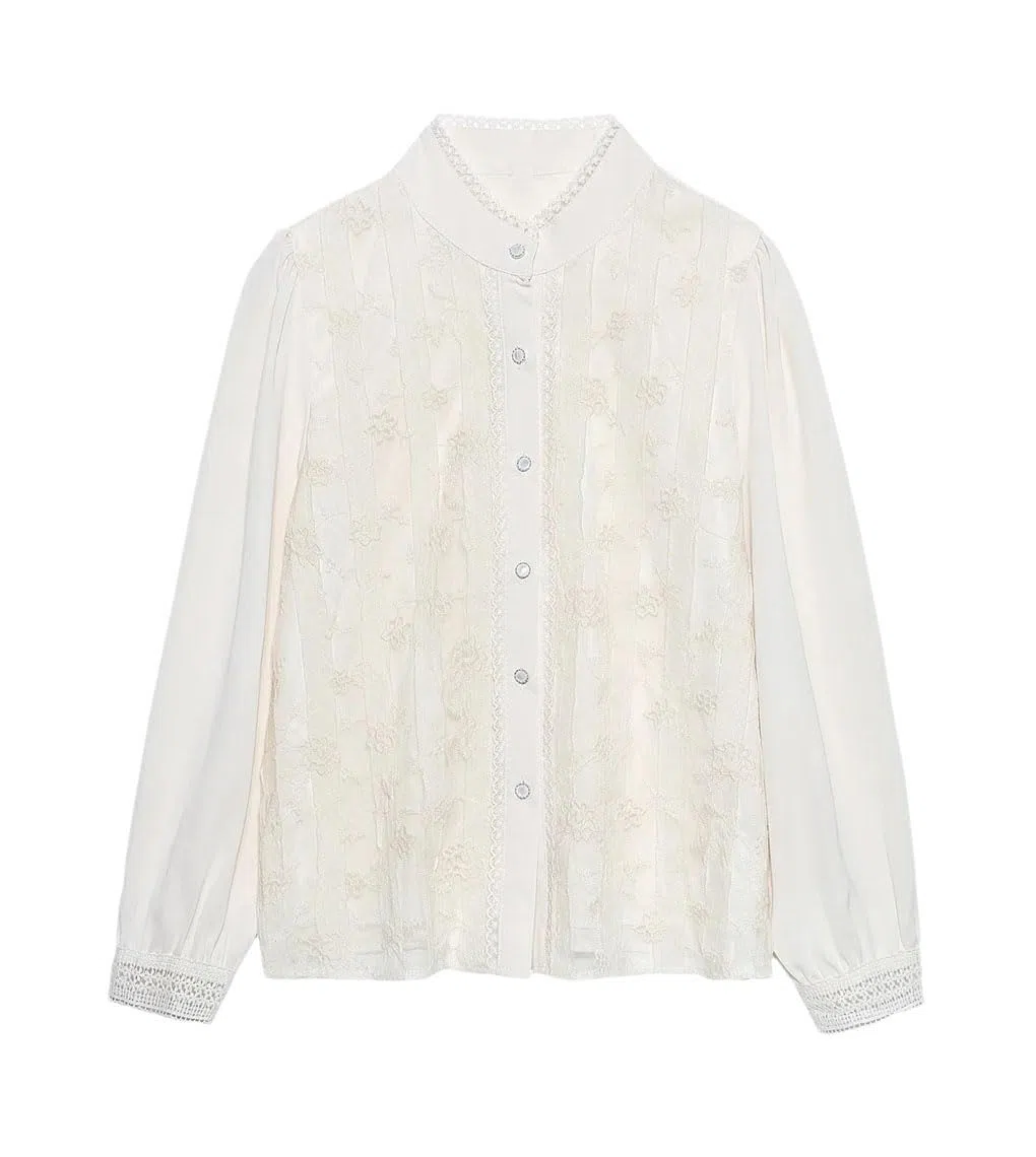 Blusa de manga larga con cuello alto para mujer, de gasa, con botones, para oficina, trabajo, negocios