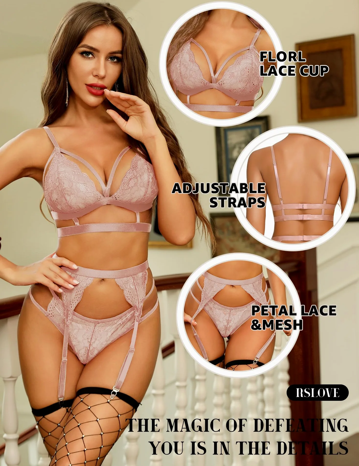 ZXLIHS Conjunto de lencería Sexy para Mujer con Sujetador y Bragas de Encaje Floral, 3 Piezas con Liguero