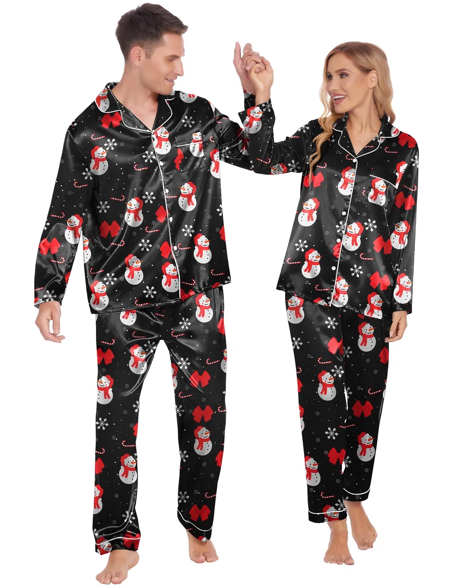 Ekouaer Pijamas a juego para parejas, de seda, de manga larga, de satén, suave, con botones, tallas S-XXL, Navidad, negro, X-Large