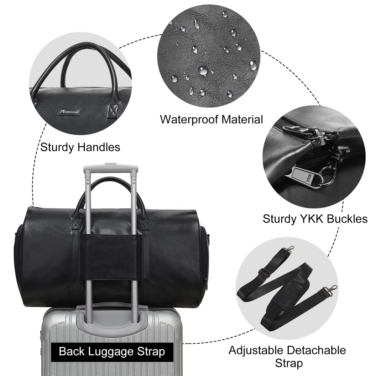 Modoker - Bolsa de Cuero Convertible, Bolsas de Viaje para Ropa y Negocios, Regalo para Hombres y Mujeres, Maleta Impermeable, Color Negro