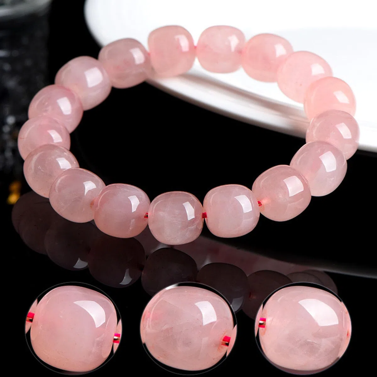 Pulseras Naturales Pulsera de Cuarzo Rosa, Pulsera elástica Hecha a Mano con Piedras Preciosas Rosas Naturales para Amor, energía Positiva, Yoga meditación Unisex para Equilibrio,10 * 12mm