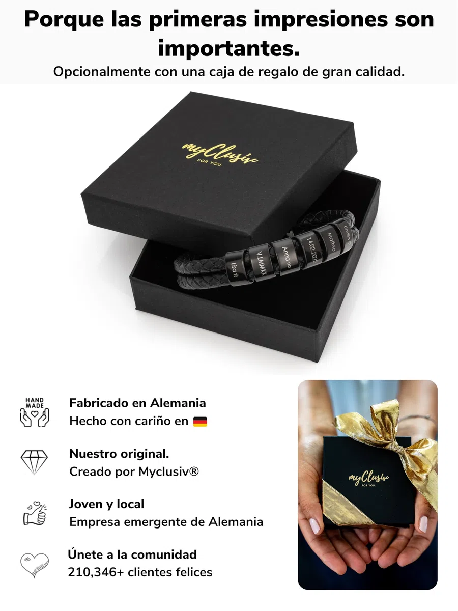 Pulsera personalizada de cuero negro para hombre con nombre - Pulsera con grabado - Regalo para hombre - Regalo papá