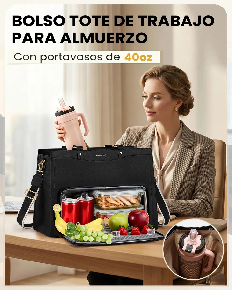 RAINSMORE Bolso Trabajo Mujer Ordenador Portátil de 15,6 pulgada con Nevera | Bolsa Profesora Maletín Maestra Grande Porta Alimentos para Oficina Universidad Shopper