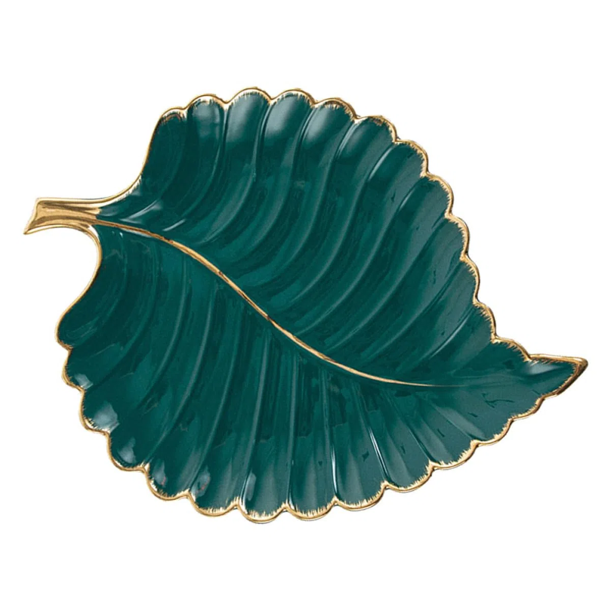 Bandeja Decorativa Diseño de Hoja de Cerámica Verde Borde Dorado para Joyas y Postres, Adecuada para Escritorio y Ambientación del Hogar