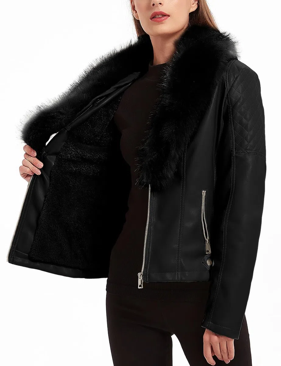 Giolshon Chaqueta de Cuero de Gamuza Sintética para Mujer, Abrigo Cálido de Motorista de Motocicleta de Invierno con Cuello de piel