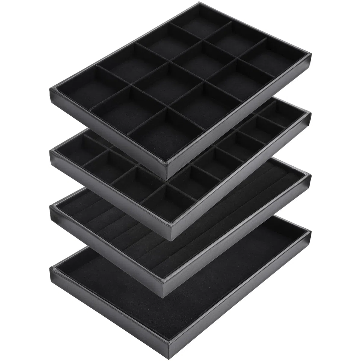 4 bandejas de joyería para organizador de collares y aretes, diseño apilable, bandejas de 12 y 24 compartimentos, 13.8 x 9.4 x 1.2 pulgadas