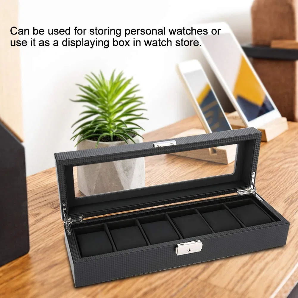 Caja de reloj, 6 rejillas PU Soporte de reloj de cuero de fibra de carbono Caja de exhibición de Estuche para Relojes con Tapa de Cristal Cuero Sintético y Forro Negro