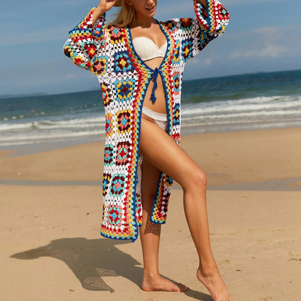Kimono Chaqueta de Punto para Mujer Frente Abierto Traje de Baño Largo Kimono Manta Playa Cárdigan Colorido Vestido Largo