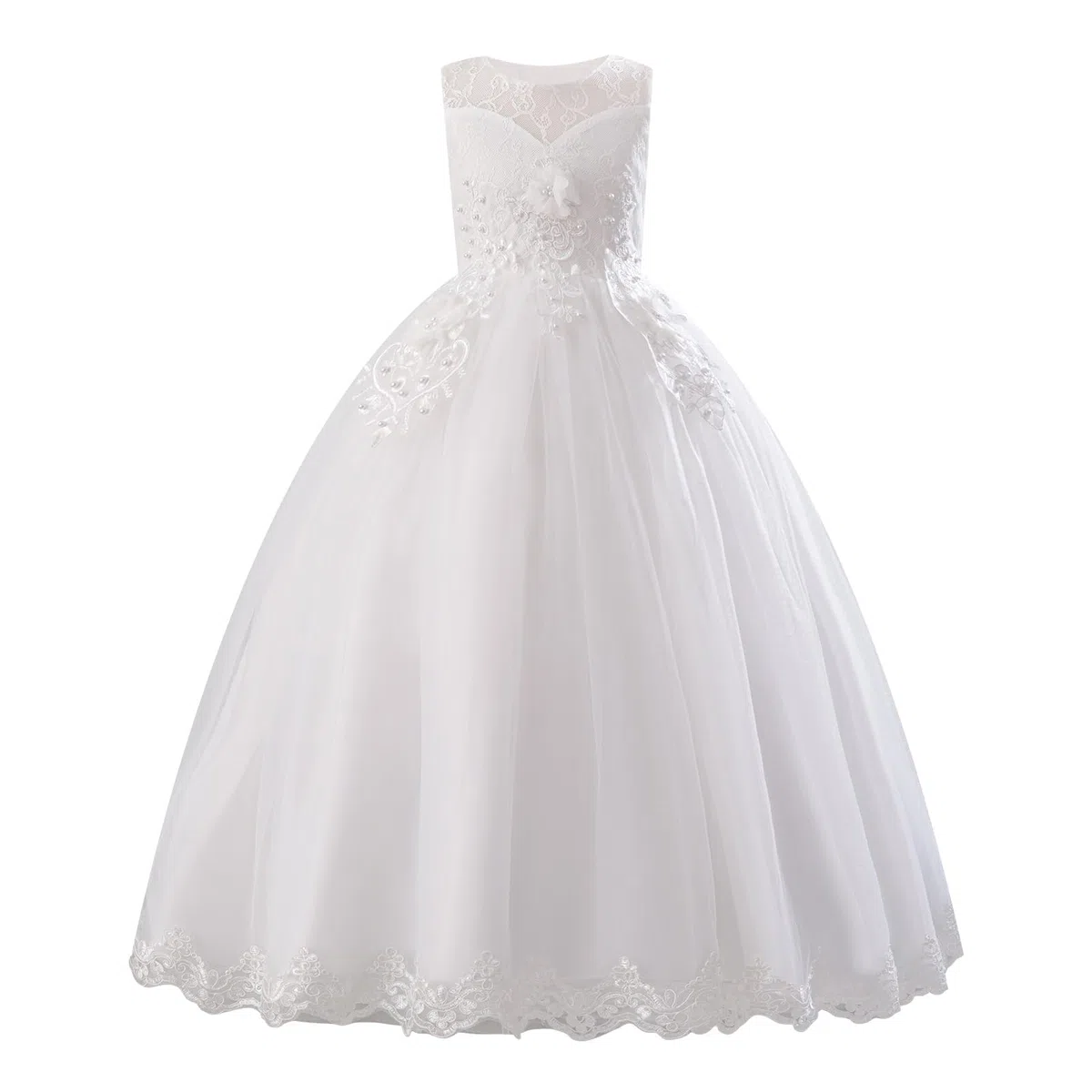 IMEKIS Vestido de dama de honor para niña, sin mangas, bordado floral, de encaje, vestido de tul, elegante, para cumpleaños, fiesta, primera comunión, vestido de fiesta