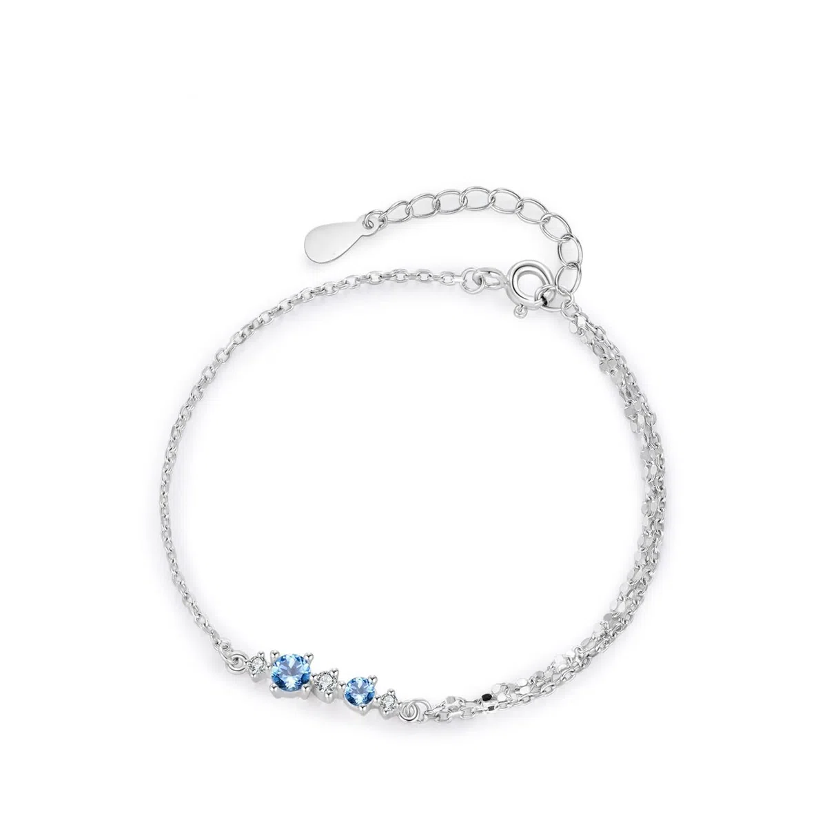 Pulsera Mujer de Oro Blanco 9Kilates / 14Kilates / 18Kilates, Redondo con Topacio de 0,35 ct y Moissanita, Cadena Extensible 16 CM + 5 CM, Pulseras de Ajustable Mujer de Plata Azul