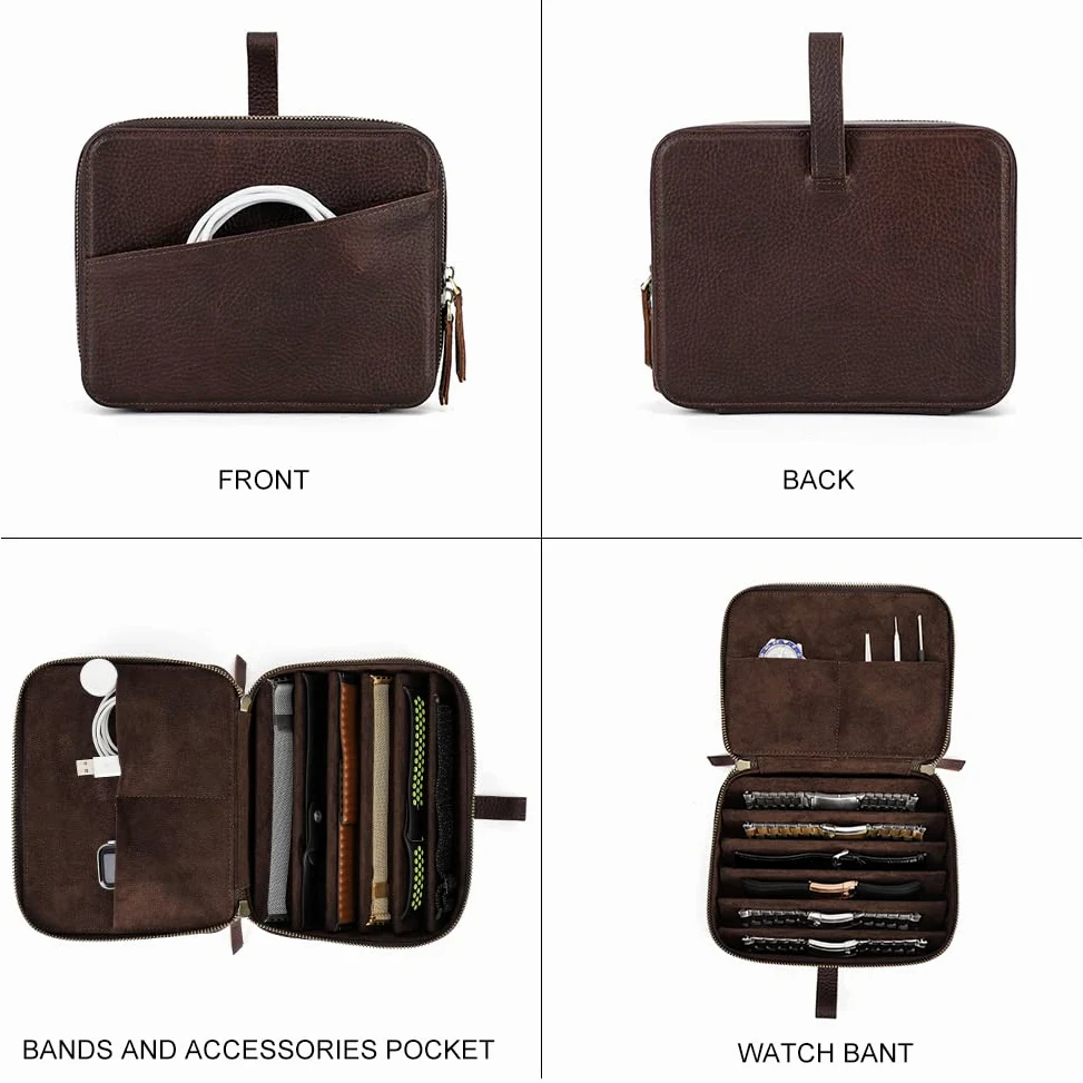 Hiram Organizador de cuero para correas de reloj con asa, caja de almacenamiento portátil para Apple Watch y correas mecánicas