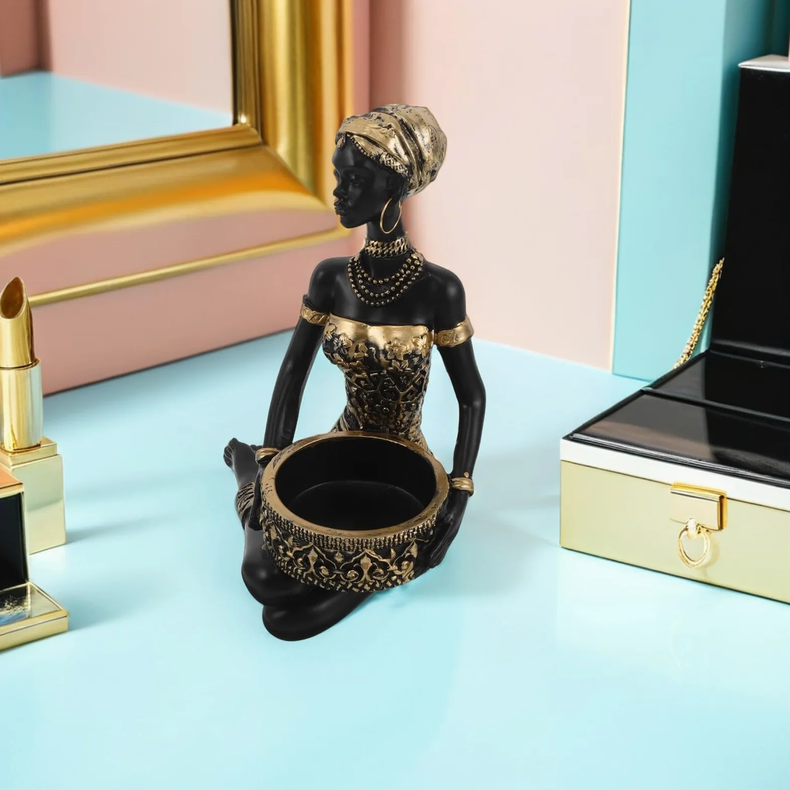 TOYANDONA Bandeja para Joyas y Organizador de Tocador de Resina Figura de Mujer Africana, Soporte Decorativo para Accesorios y Pendientes, Bandeja Pequeña para Almacenamiento en Hogar