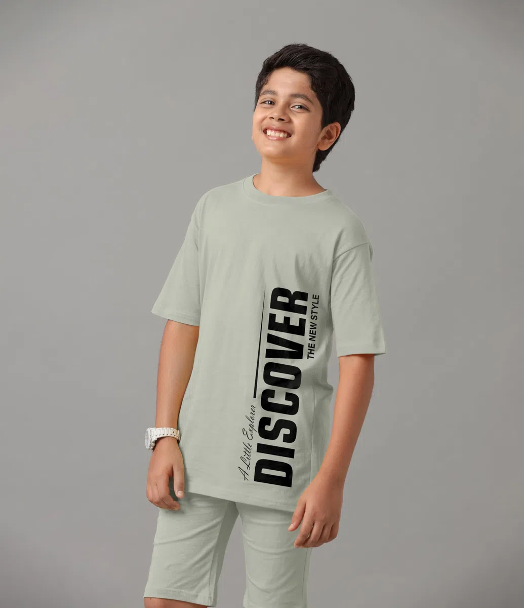 KYDA KIDS Camiseta y pantalones cortos para niño, 100% algodón puro, estampados, corte holgado, camiseta y pantalones cortos con hombros descubiertos
