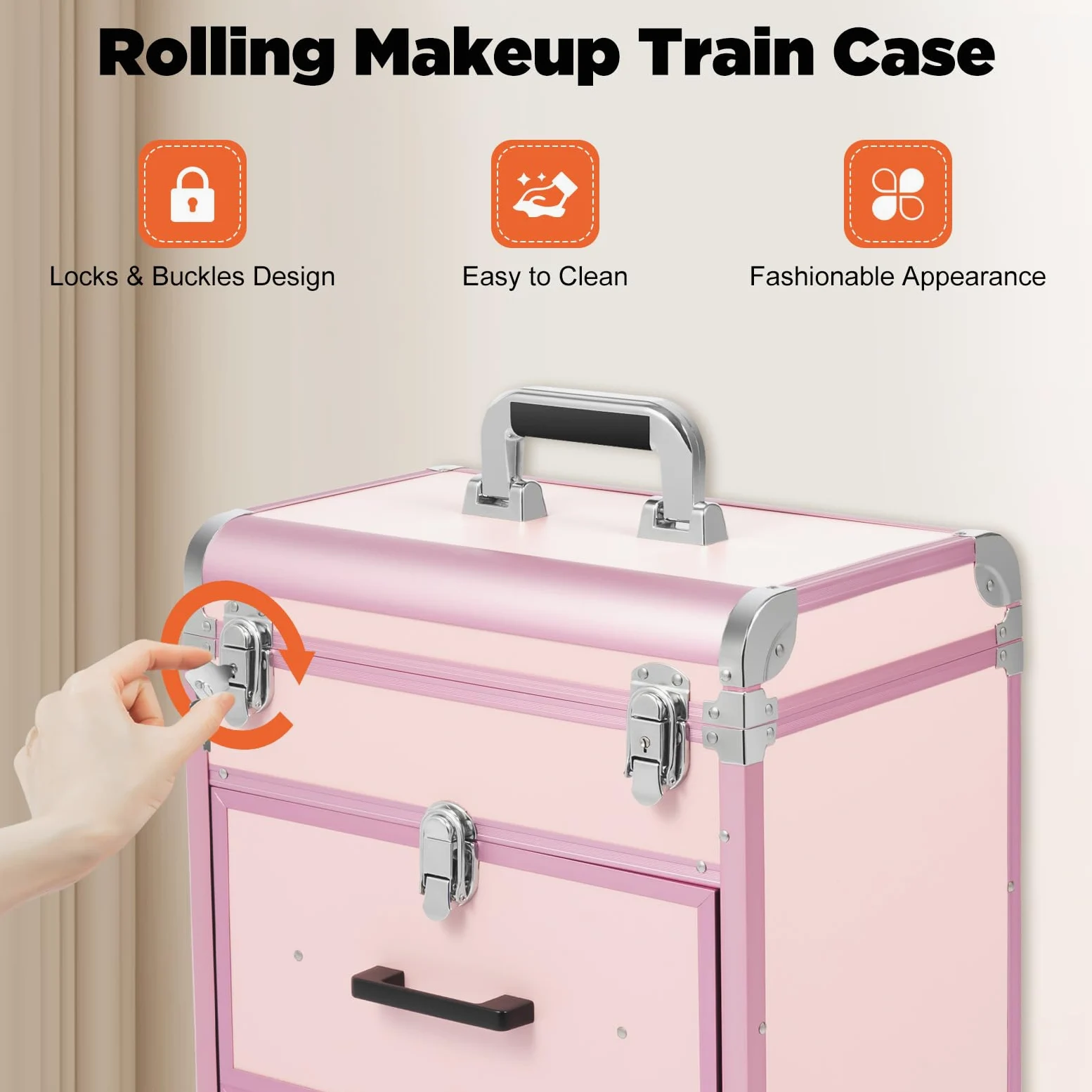 Maletín de cosméticos rosa con ruedas giratorias para herramientas de uñas, maletín de viaje con cajones, adecuado para peluqueros, cuidadores de mascotas y maquilladores