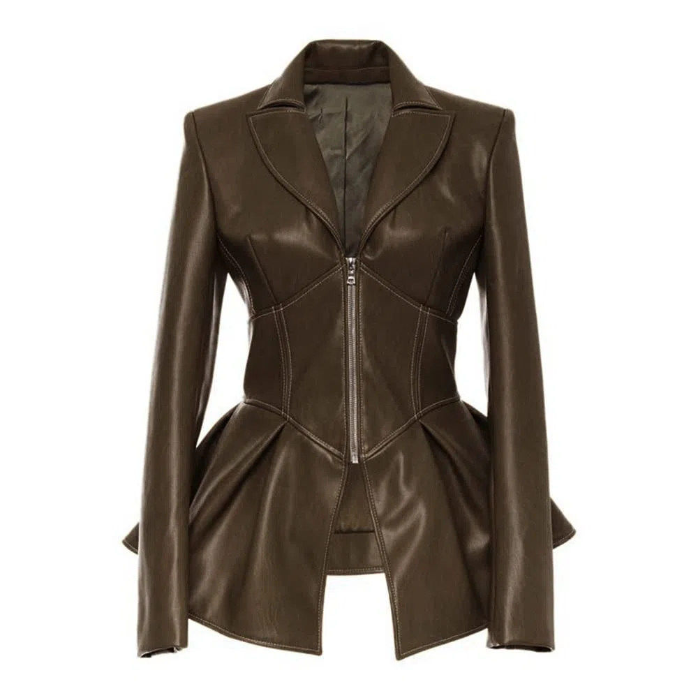 Chaqueta Moto Mujer,Chaqueta De Piel Sintética Para Mujer Túnica De Solapa Marrón Con Cremallera Dobladillo Con Volantes Sexy Vintage Manga Larga Slim Fit Biker Pu Abrigo Bombardero Motocicleta O