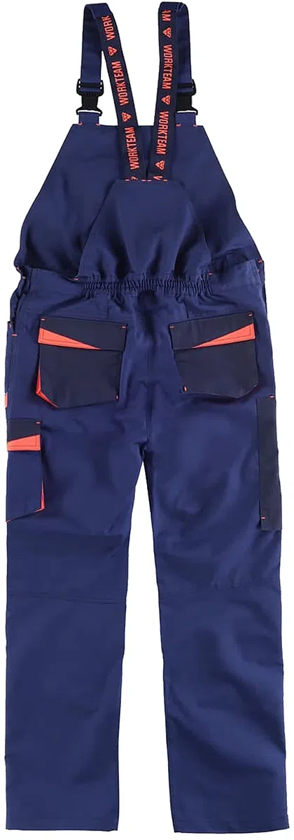 Teamwork Workteam Pantalones con Peto de Trabajo. Tejido Canvas (Extremadamente Resistente y Duradero). Tirantes con elástico y Hebillas automáticas. Unisex Marino+Marino Oscuro+Rojo A.V. XL