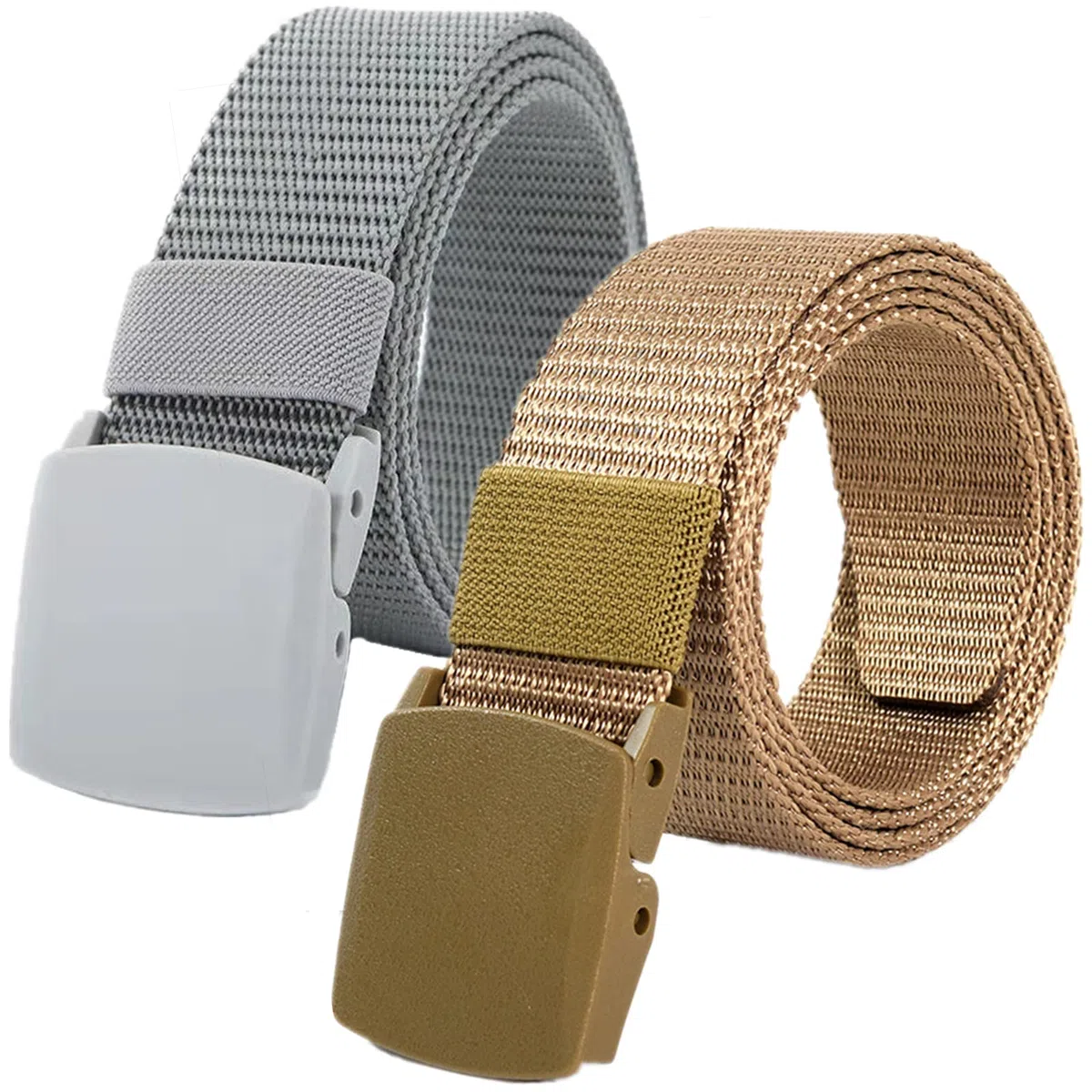 Cinturones de trabajo para hombre, Cinturones for hombres y mujeres, cinturón táctico de nailon ligero, tamaño de hasta 67 pulgadas con hebilla de plástico militar, 2 piezas(Grey/Khaki,150CM/59")