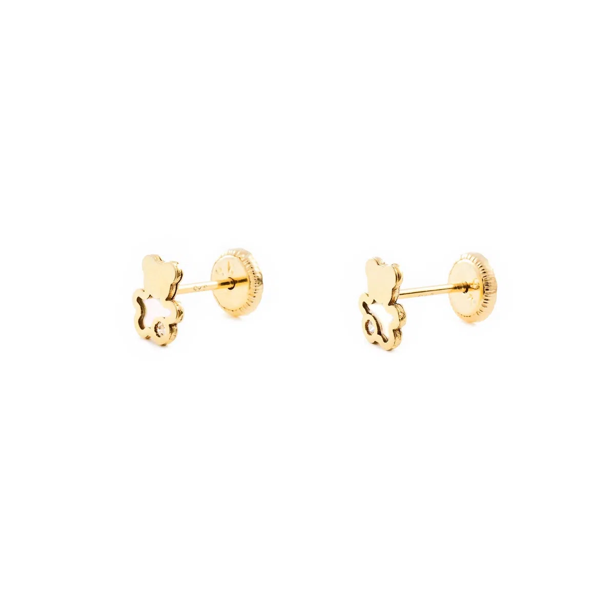 Pendientes Oro Bebe o Niña oso nacar y circón (9kts) - Estuche Regalo - Certificado de Garantía - Mondepetit