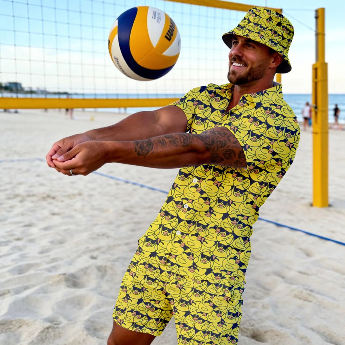 Conjunto de 2 piezas para hombre, camisa hawaiana con botones y pantalones cortos de compresión con sombreros de pescador
