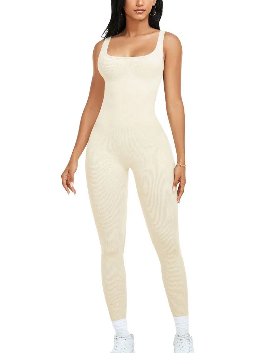 hixswnu Traje de Yoga para Mujer Mono Sexy Cuello Cuadrado Manga Larga Leggings de Longitud Completa Bodycon Stretch Ropa Deportiva,Off White,L