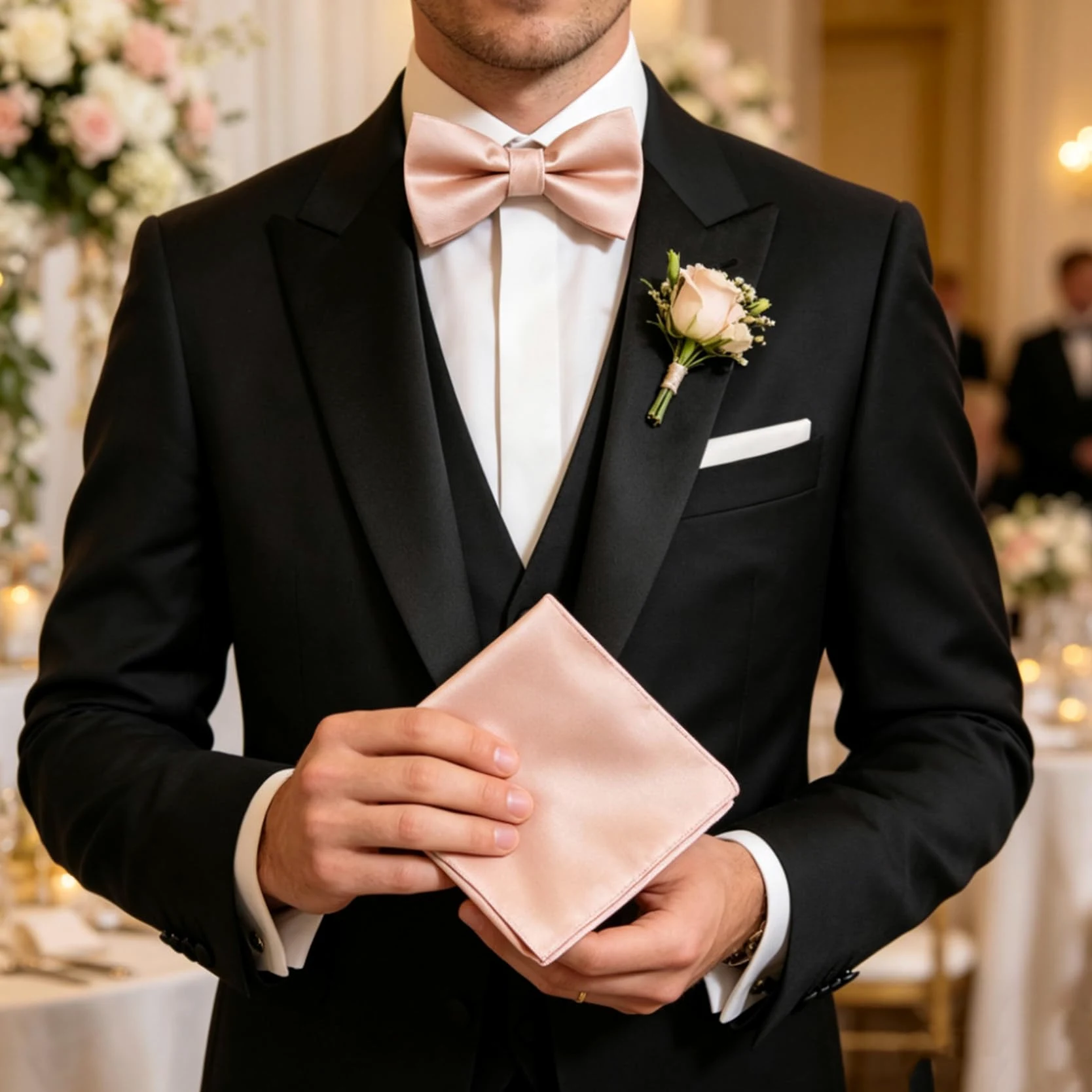 Lazo de satén pre-atado y pañuelo de bolsillo, conjunto de accesorios para traje masculino, adecuado para bodas, conferencias y galas
