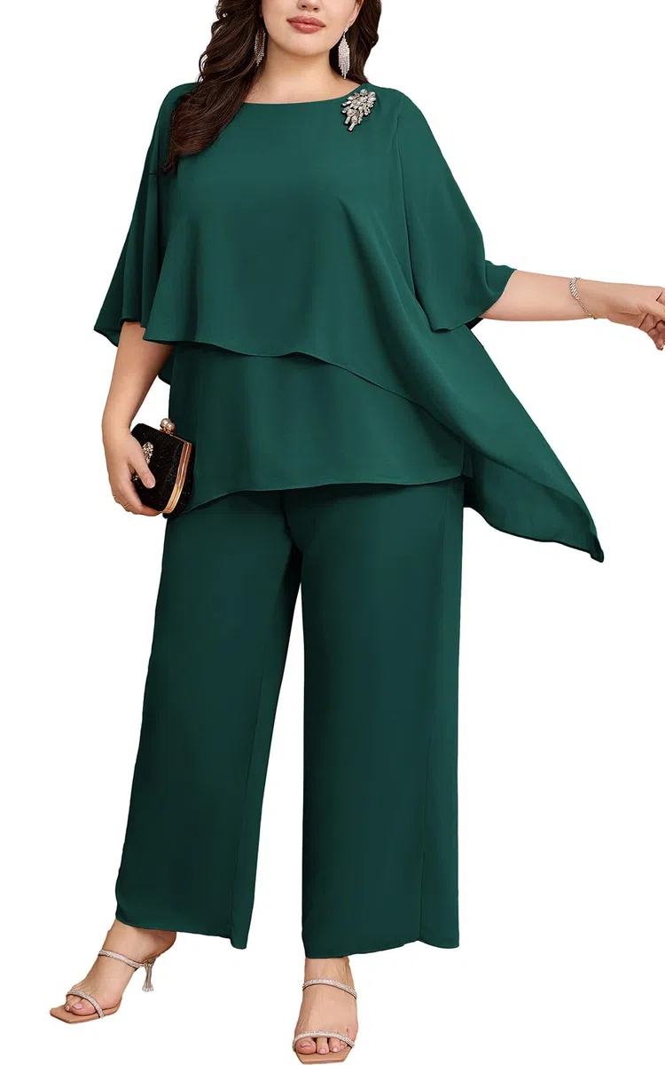Hanna Nikole Conjunto elegante de traje de noche para mujer, talla grande, conjunto de 2 piezas, traje de cóctel, fiesta, pantalones festivos, camisa de gasa de dos piezas y pantalones de cintura alta