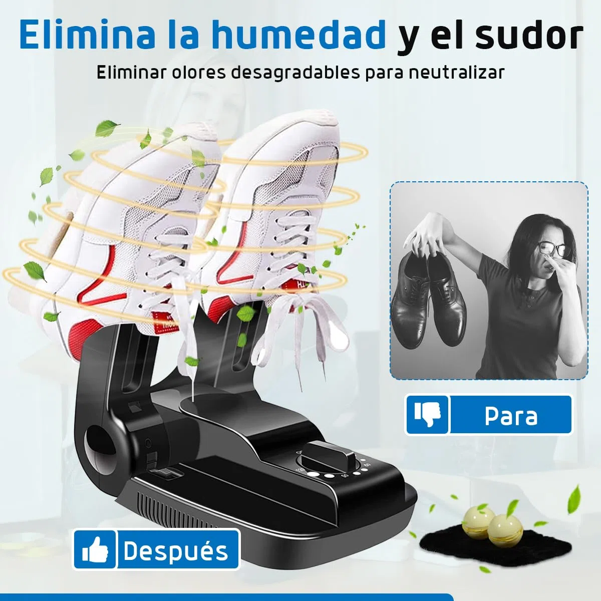 Fleau Secador de zapatos inteligente Función de secado/ozono - Ambientador de zapatos - Eliminador de olores - Incl. Bolas perfumadas y cepillo para zapatos (Secador de zapatos con temporizador)