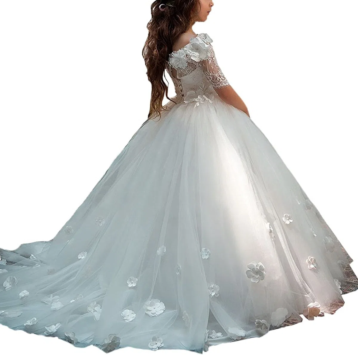 Vestidos de niña de Las Flores de Encaje para la Boda Vestidos de Primera comunión de Manga Corta con Hombros Descubiertos Vestido Formal de Fiesta para niñas