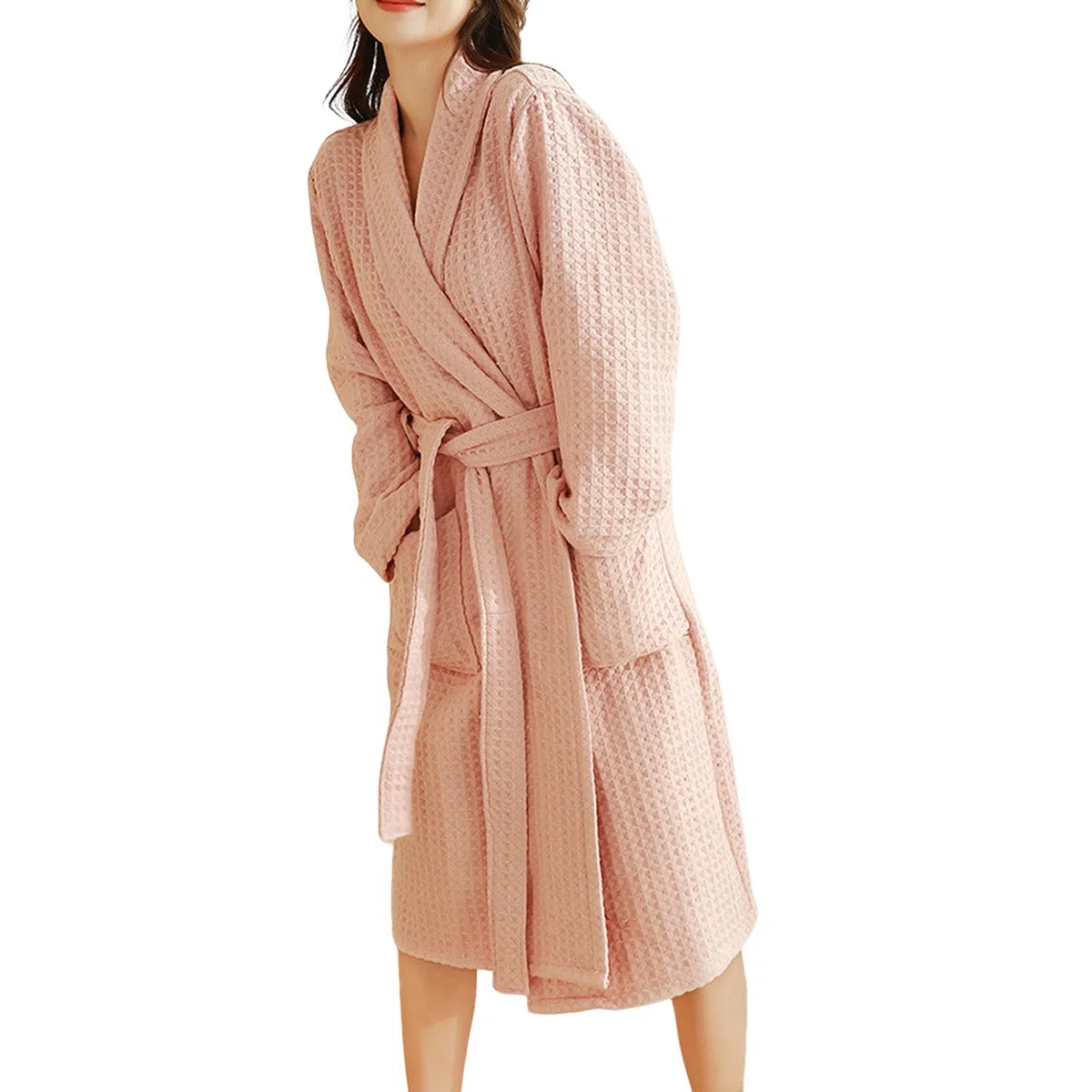 Albornoz tipo kimono algodón 100% con diseño gofre,ropa informal unisex ultra suave y acogedora,bata spa secado rápido absorbente cuello en V vintage con bolsillos,Rosado,M