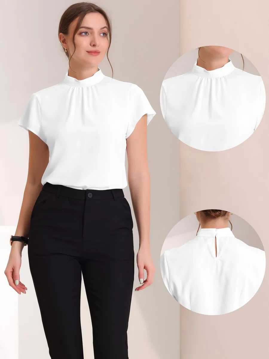 Allegra K Blusa de trabajo para mujer, cuello alto, manga casquillo, abertura en la espalda, elegante blusa de negocios