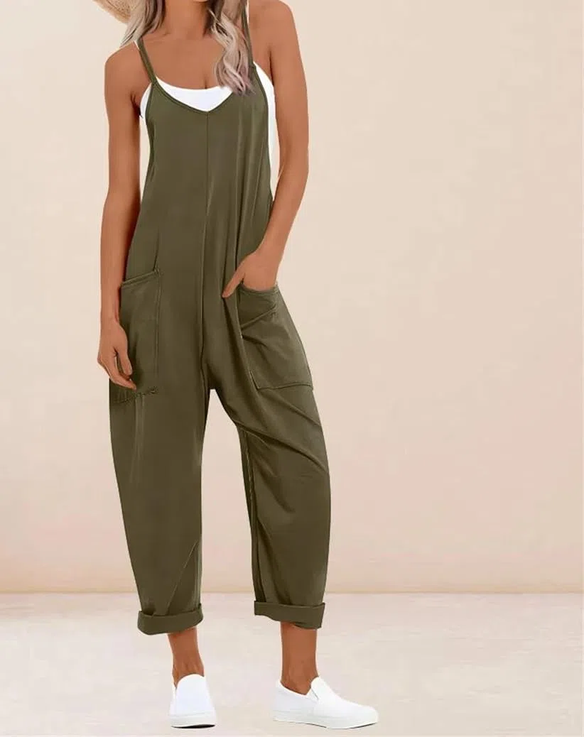 Yeuyyben Overol para mujer, talla grande, sin mangas, cuello en V, pierna ancha, informal, holgado, con bolsillo, para verano, uso diario