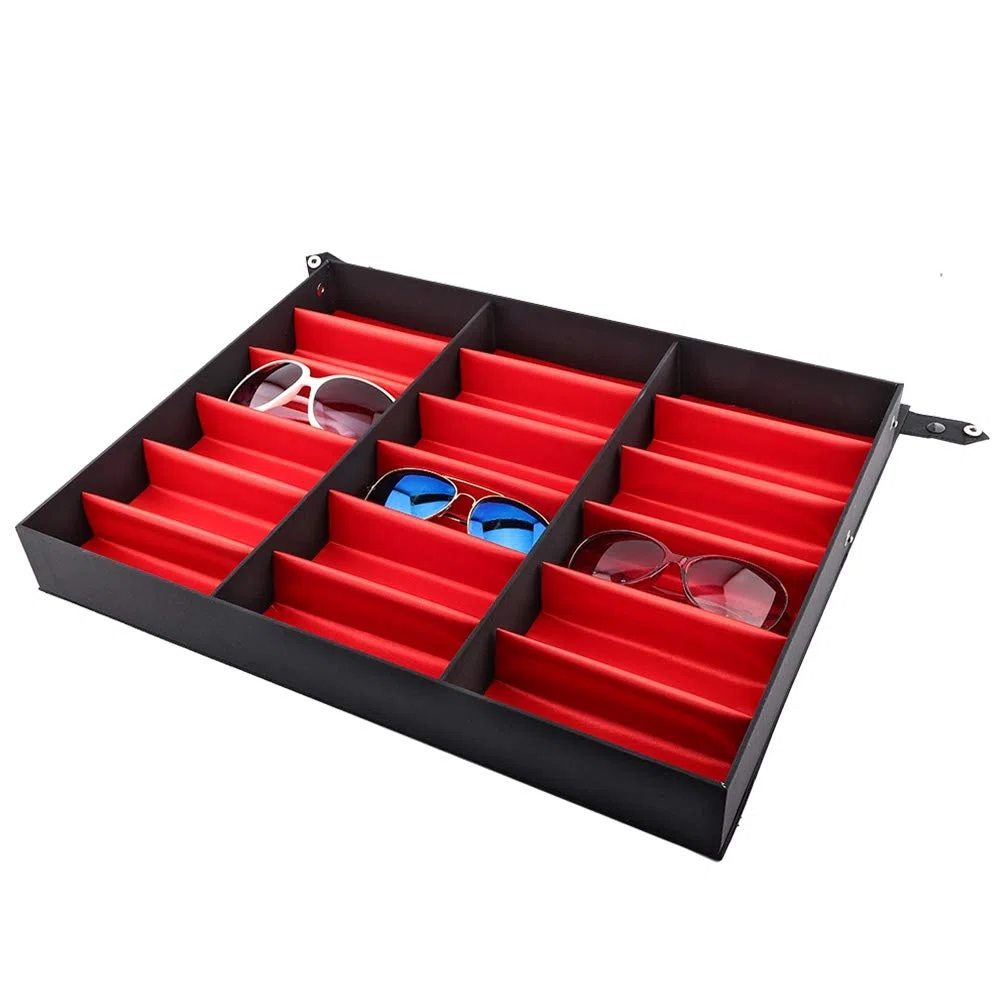 Dioche Estuche organizador para gafas de sol, 18 rejillas, caja de almacenamiento con botones de metal a presión, para almacenamiento de gafas, 47 x 37 x 6 cm
