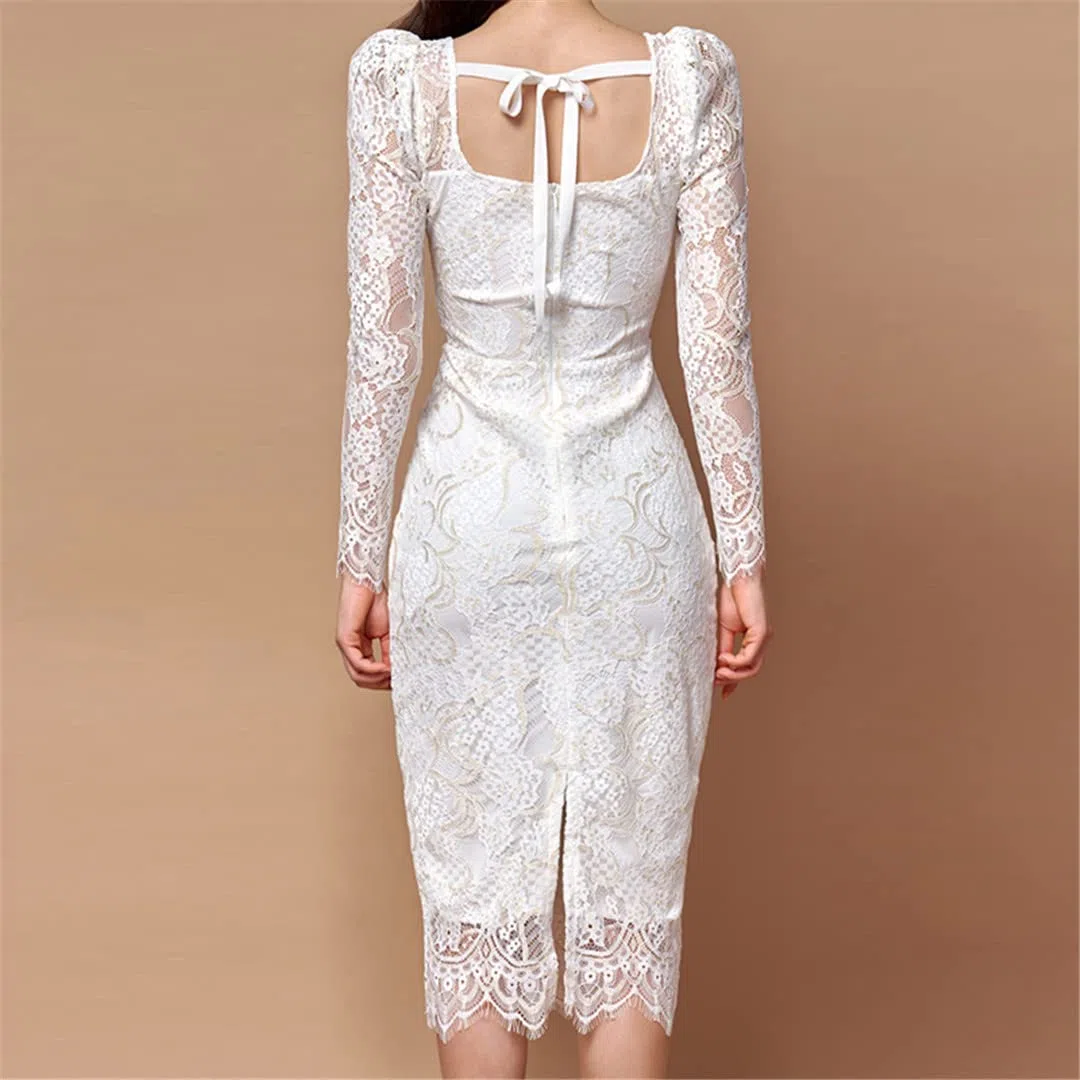 Dninmim Vestido de manga abombada con cuello en V para mujer, con encaje y cintura alta, para primavera, verano, falda de lápiz para fiesta