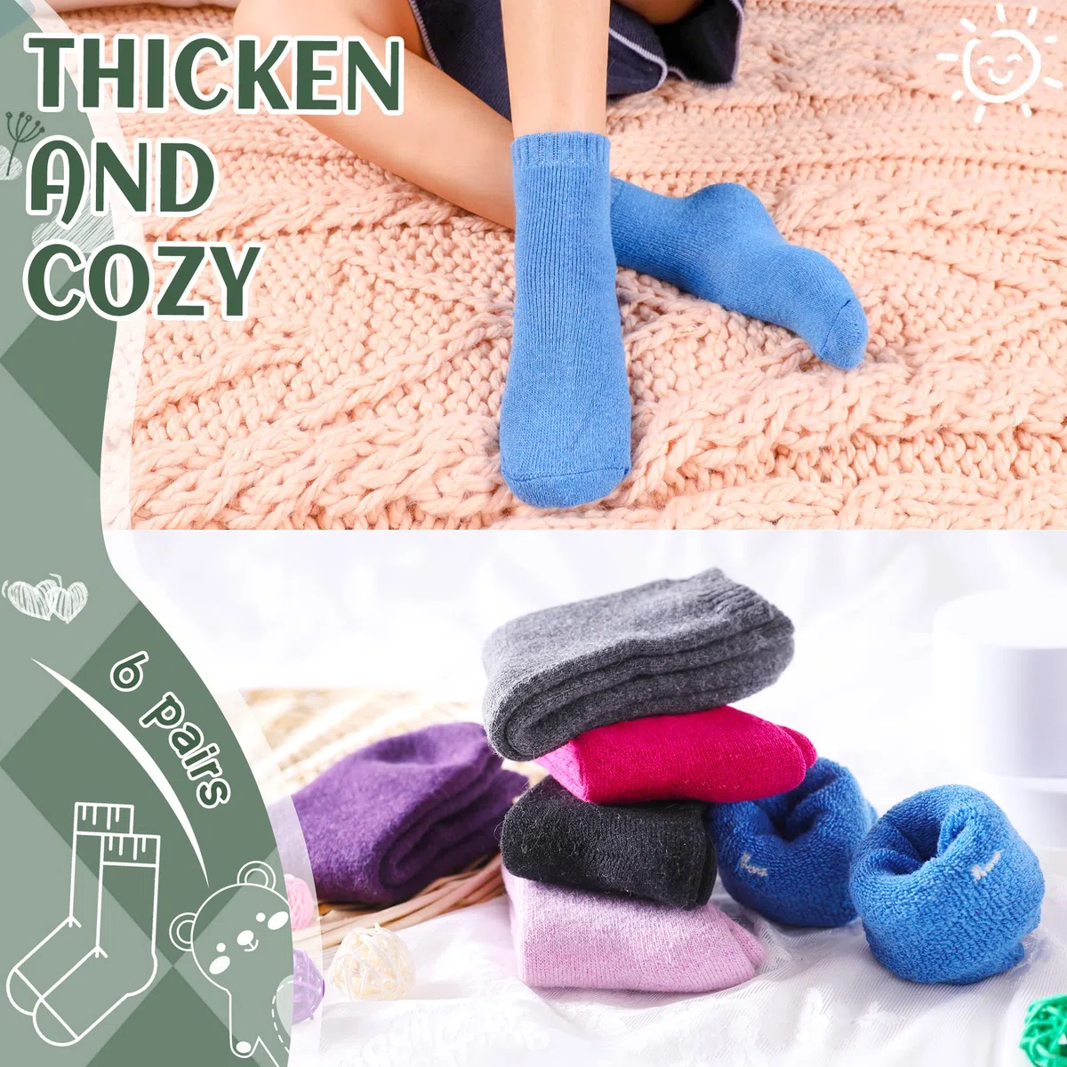 DoSmart Children's Winter Warm Wool Solid Color Socks Kids Boy Girls Hiking Thermal Boot Crew Socks 6 pares