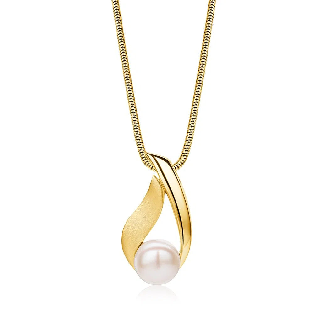 Miore Collares Mujer de Plata, Colgante de Perla Chapado en oro de 18 ct/Plata Sterling 925, Perlas de Agua Dulce 8 mm, Cadena Snake a 45 cm, Joyería para Mujer, Se entrega en Estuche para Joyas