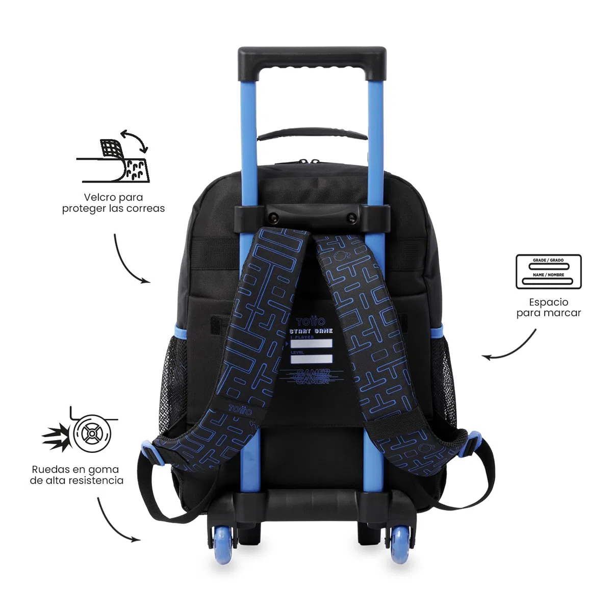 TOTTO - Mochila Escolar con Ruedas, Modelo Vortex M, Mochila Mediana, Capacidad 23 L, Bolsillos Botella, 2 Compartimentos Frontales, Protección en la Base, Correas Ajustables, Estampado Negro