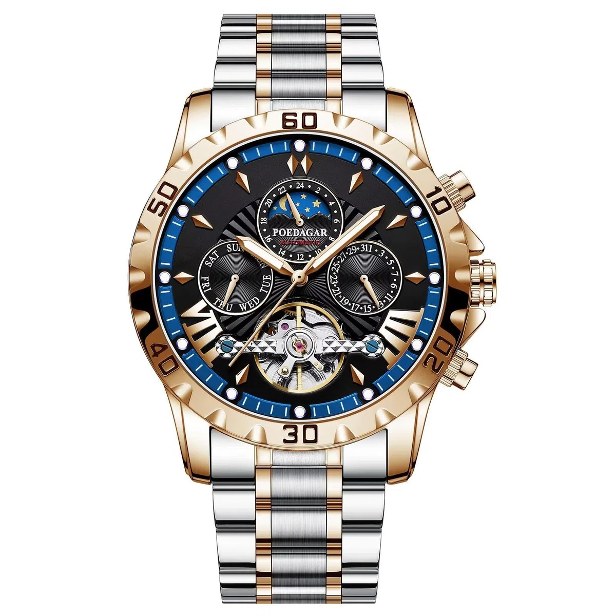 FORSINING Tourbillon Reloj de pulsera automático para hombre, correa de acero inoxidable, fase lunar, analógico, con fecha
