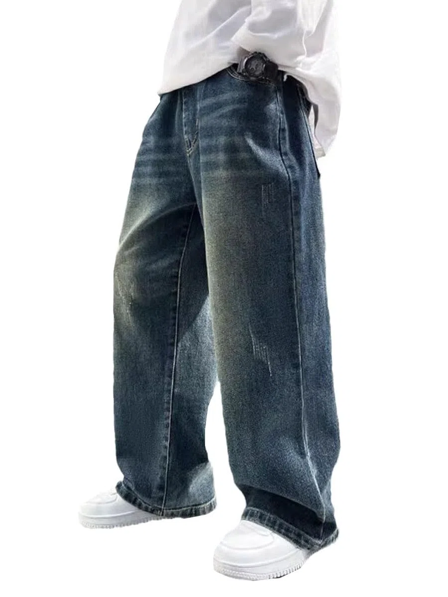 Pantalones vaqueros forrados para niños, pantalones vaqueros rectos rasgados para niños, otoño-invierno, holgados, cintura elástica regular