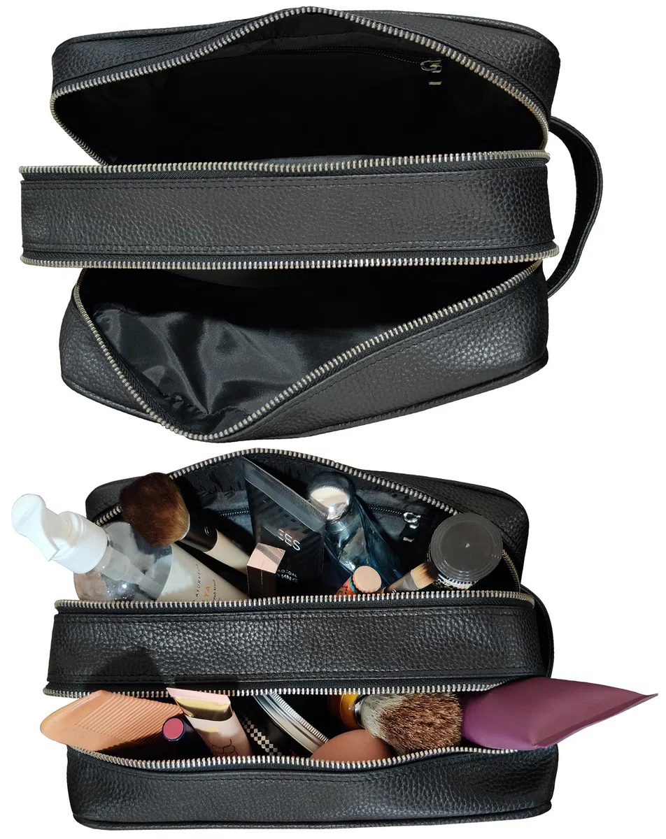 Neceser de Viaje Hecho a Mano de Cuero Genuino - Neceser Kit de Afeitado y Bolso de Maquillaje - Regalo de Viaje para Hombres y Mujeres por Rustic Town (Negro)