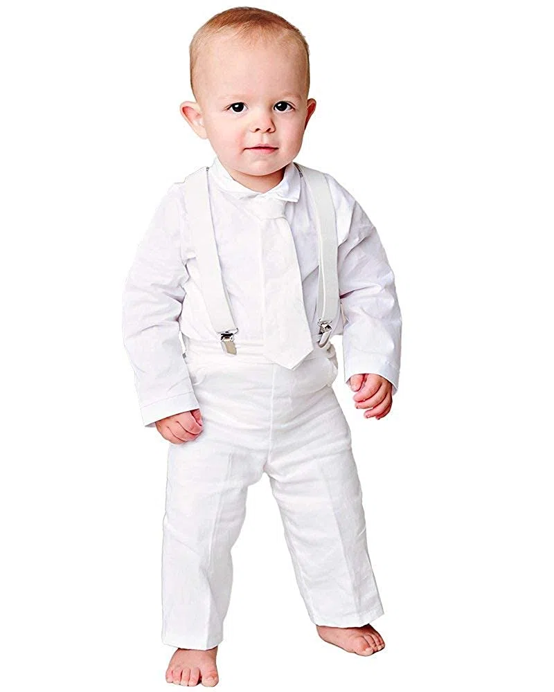 Un pequeño niño Landen Baby Suspender bautizo traje de bautizo - blanco - 9 meses